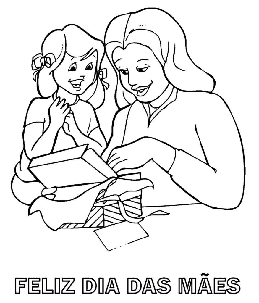 Mãe e filha celebrando o Dia das Mães com presente para colorir.