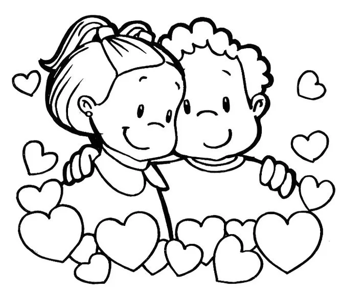 Desenho Dia do Abraço: Crianças se abraçam em meio a corações, perfeito para colorir.