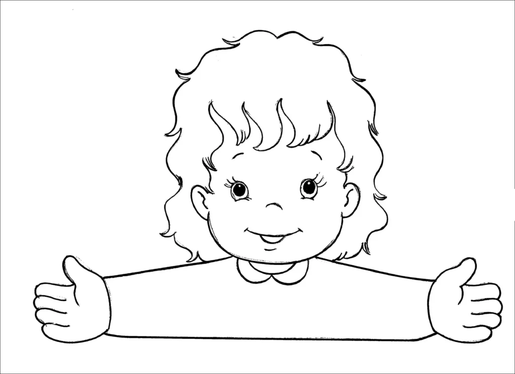 Menina de cabelos cacheados sorrindo e de braços abertos, pronta para colorir no Dia do Abraço.