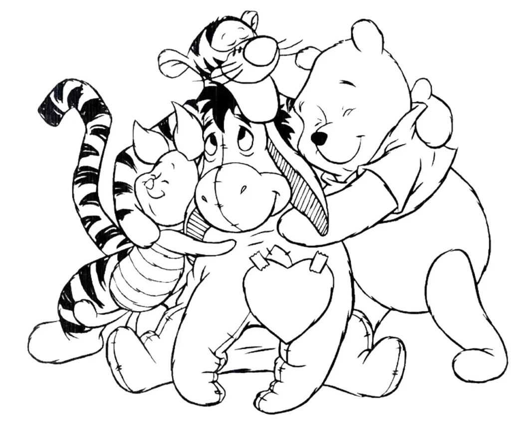 Abraço Coletivo: Desenho para colorir com Pooh, Tigre, Leitão e Bisonho