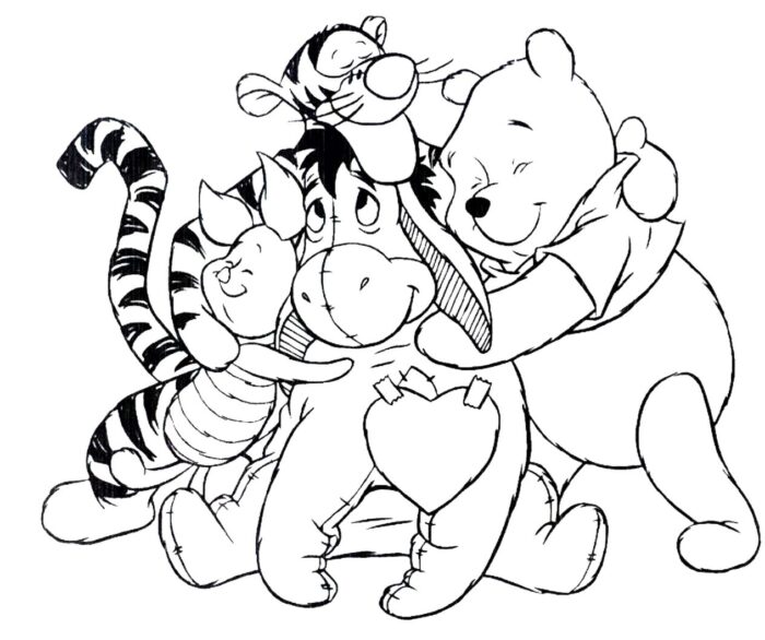 Abraço Coletivo: Desenho para colorir com Pooh, Tigre, Leitão e Bisonho