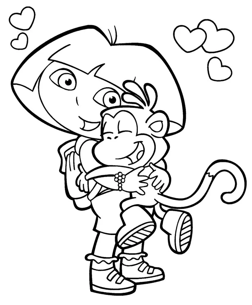 Dora Aventureira e Macaco Boots em desenho de abraço para colorir, celebrando o Dia do Abraço com corações.