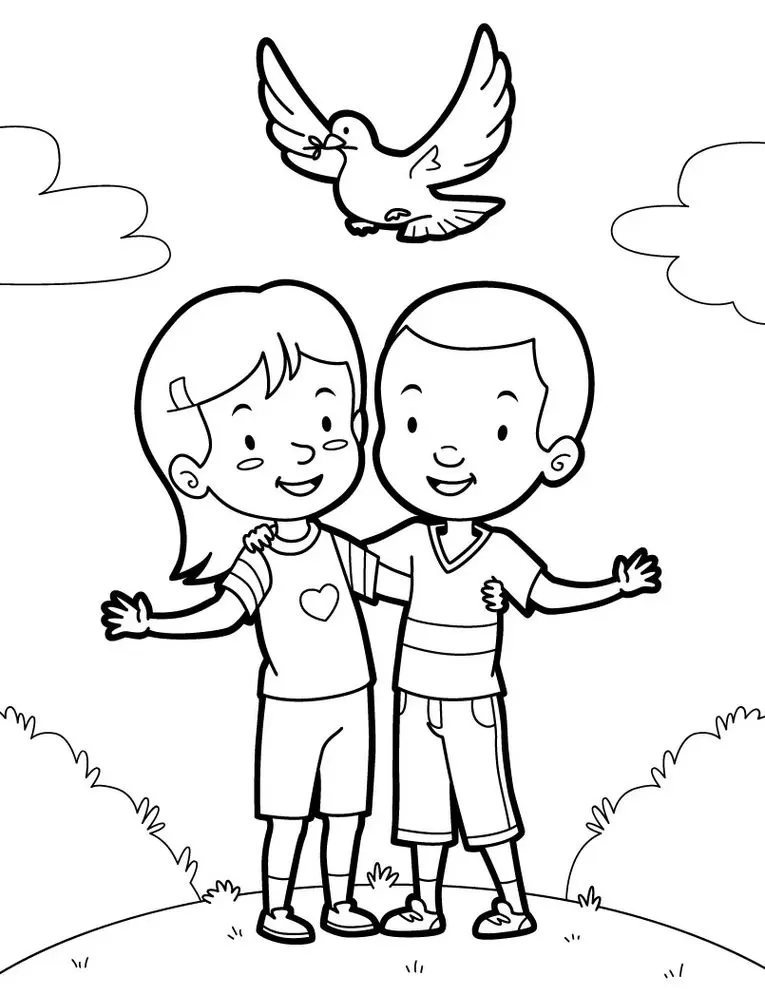Crianças celebrando o Dia do Abraço em desenho para colorir