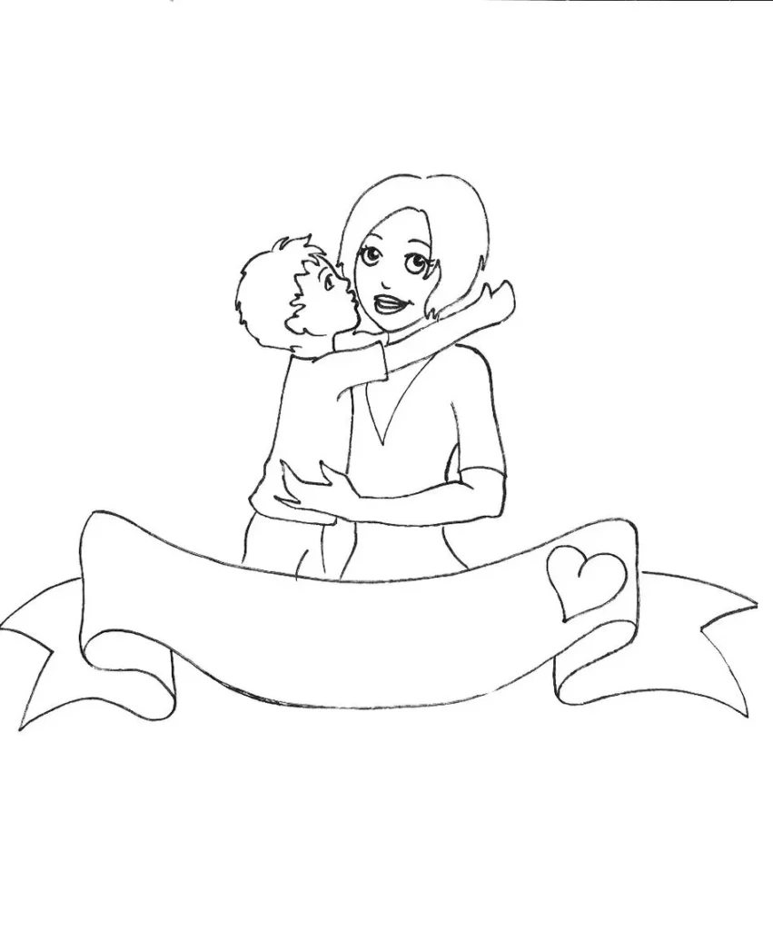 Desenho para colorir: Abraço afetuoso entre mãe e filho no Dia do Abraço.