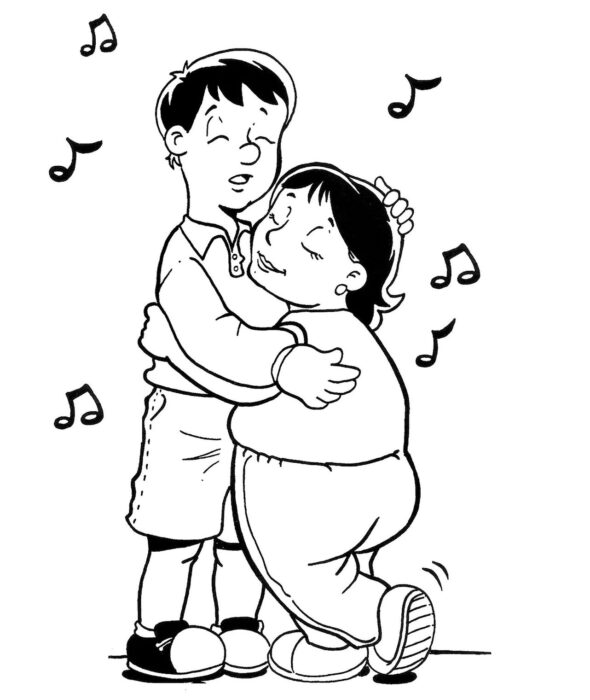 Crianças abraçadas e notas musicais: desenho para colorir do Dia do Abraço.