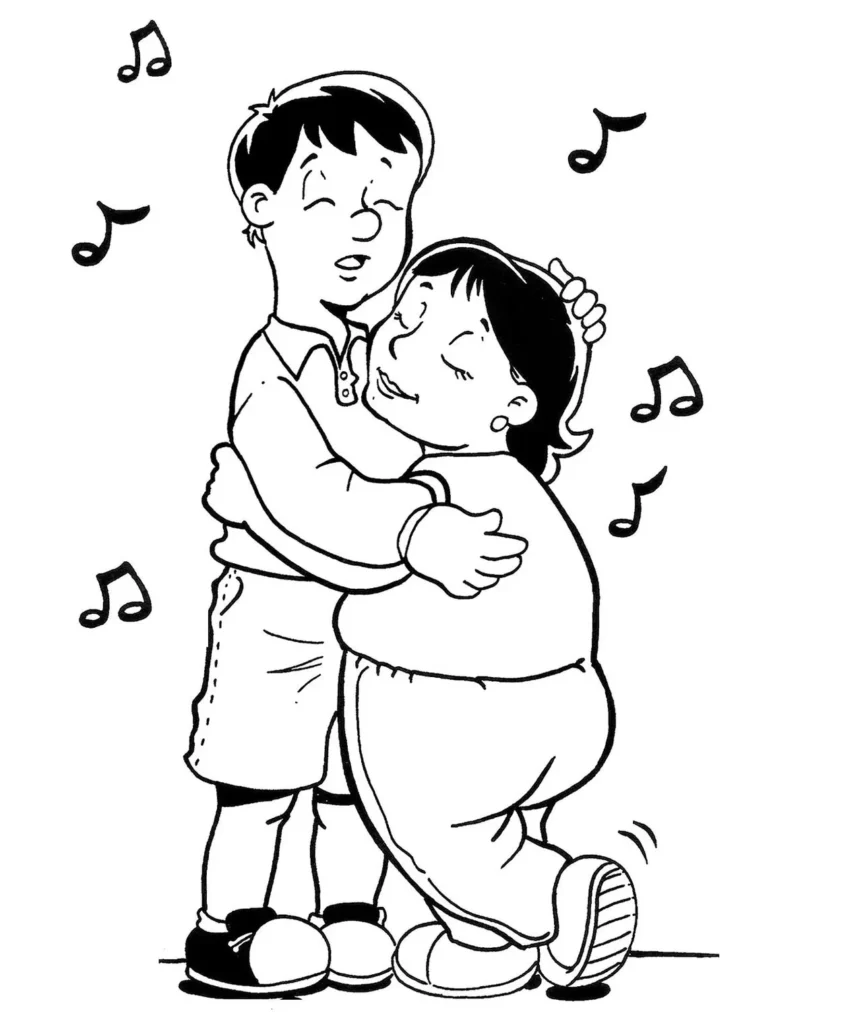 Crianças abraçadas e notas musicais: desenho para colorir do Dia do Abraço.