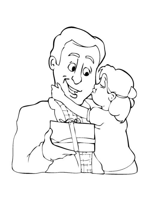 Desenho para colorir: Pai recebe beijo da filha no Dia do Abraço