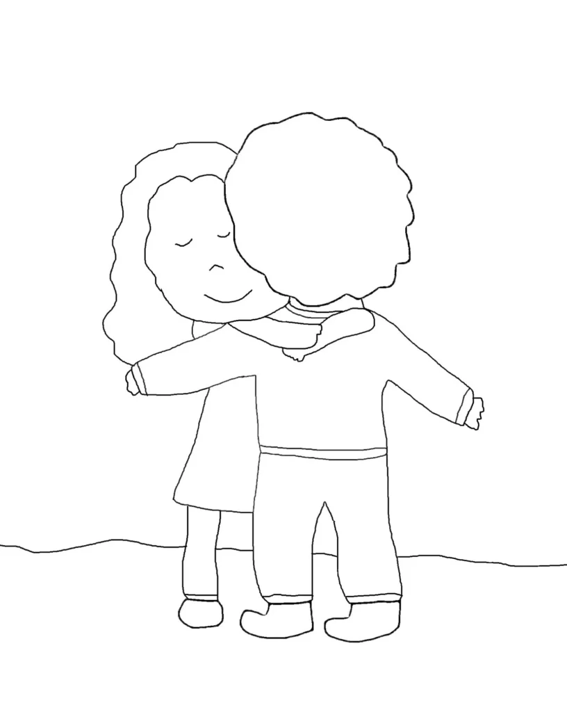 Desenho para colorir: Abraço afetuoso no Dia do Abraço. Figuras com cabelo ondulado e cacheado se abraçam em cena ao ar livre.