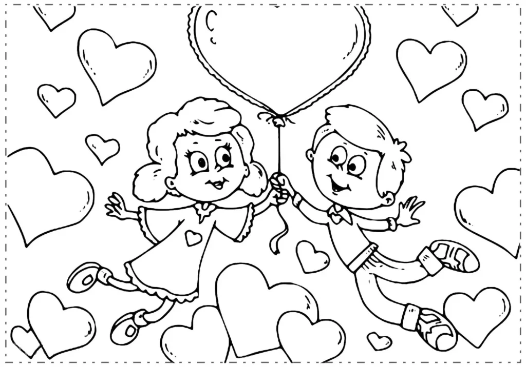 Desenho de Dia dos Namorados com casal e corações para colorir