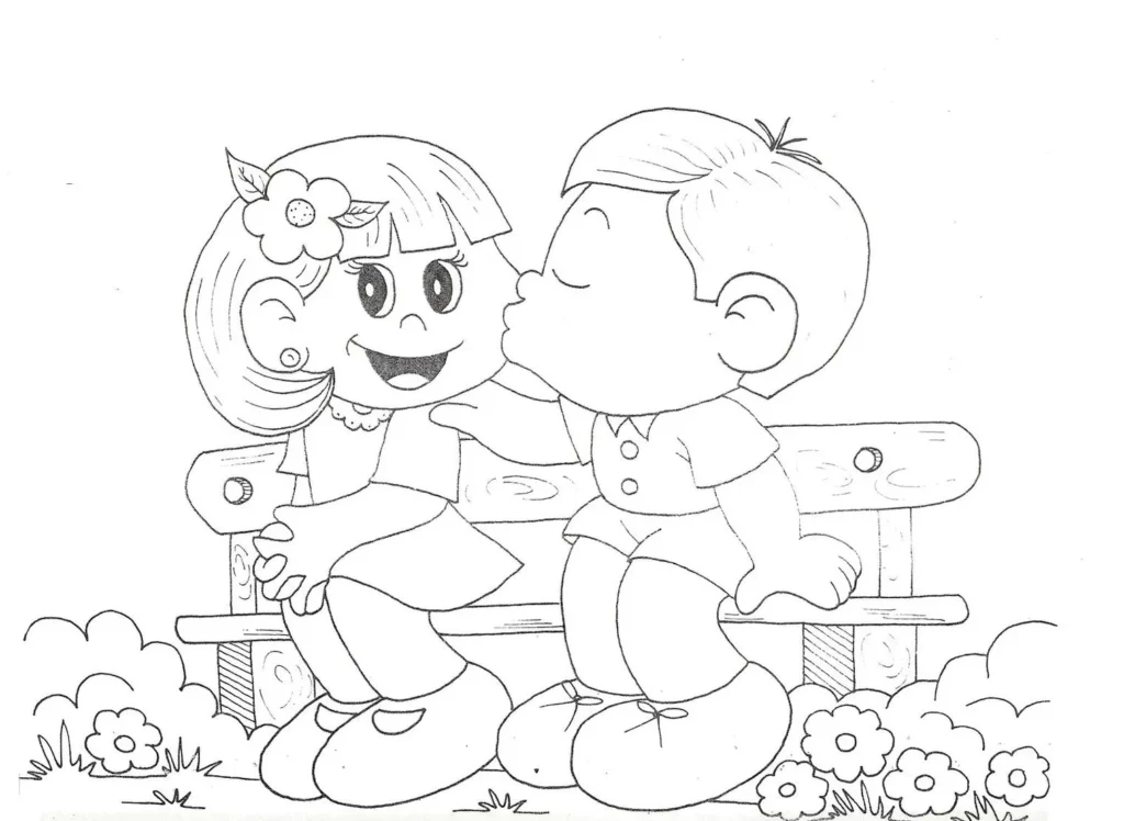 Desenho para colorir: Casal apaixonado celebra o Dia dos Namorados com beijo carinhoso.