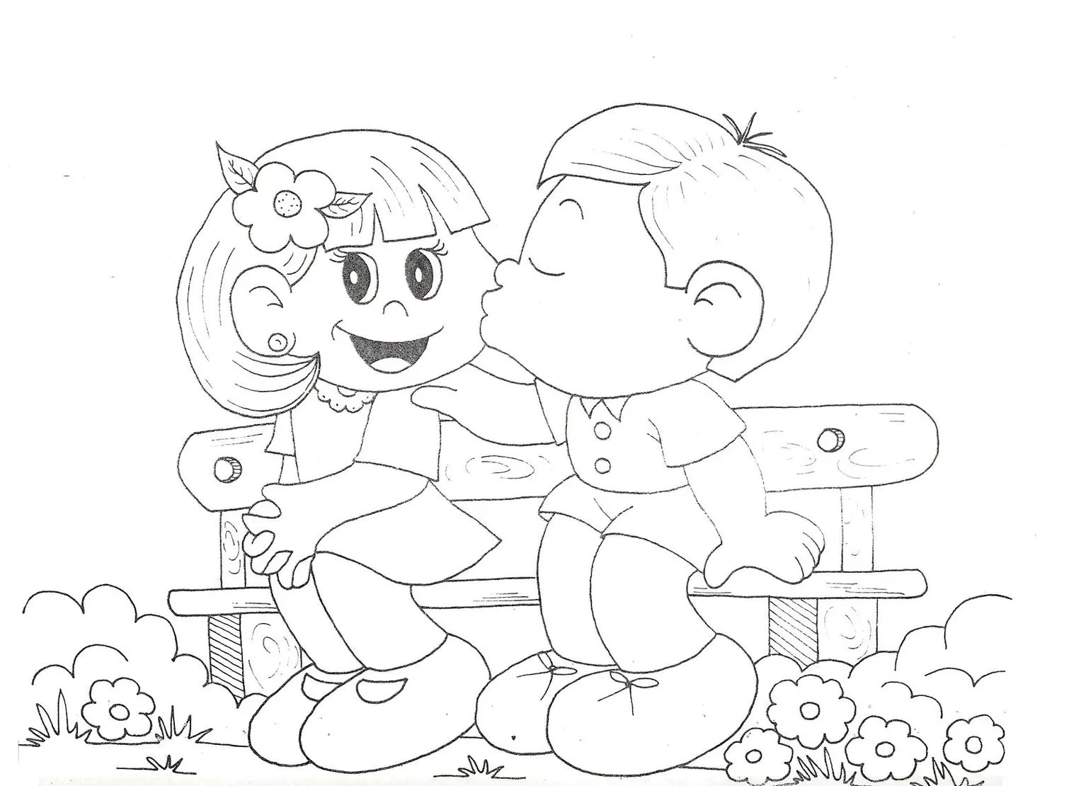 Desenho para colorir: Casal apaixonado celebra o Dia dos Namorados com beijo carinhoso.