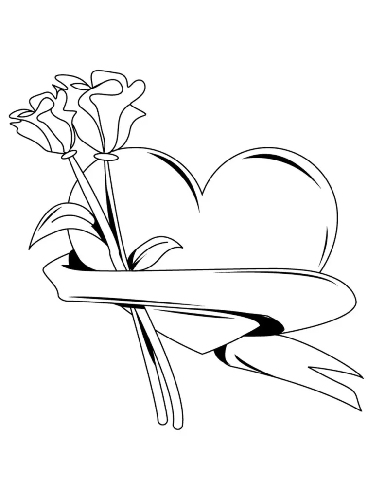 Desenho para colorir de coração com rosas para o Dia dos Namorados
