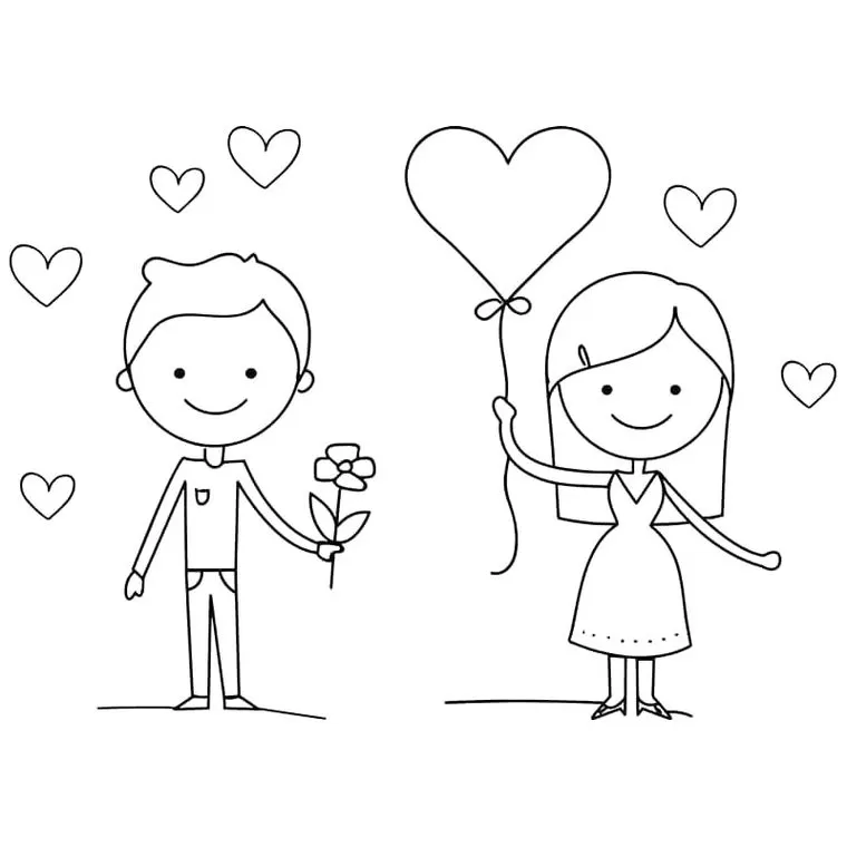 Desenho romântico de Dia dos Namorados: casal com corações e flor para colorir.