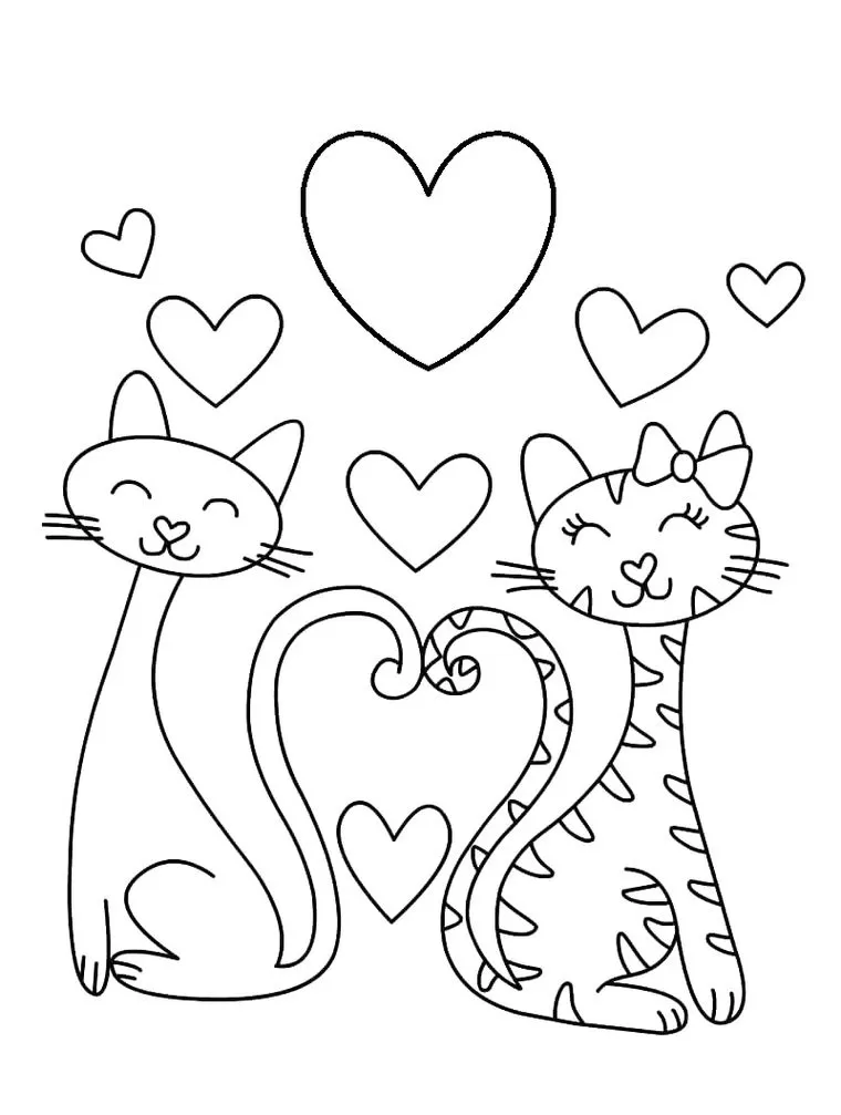 Gatinhos apaixonados para colorir no Dia dos Namorados: arte com felinos e corações.