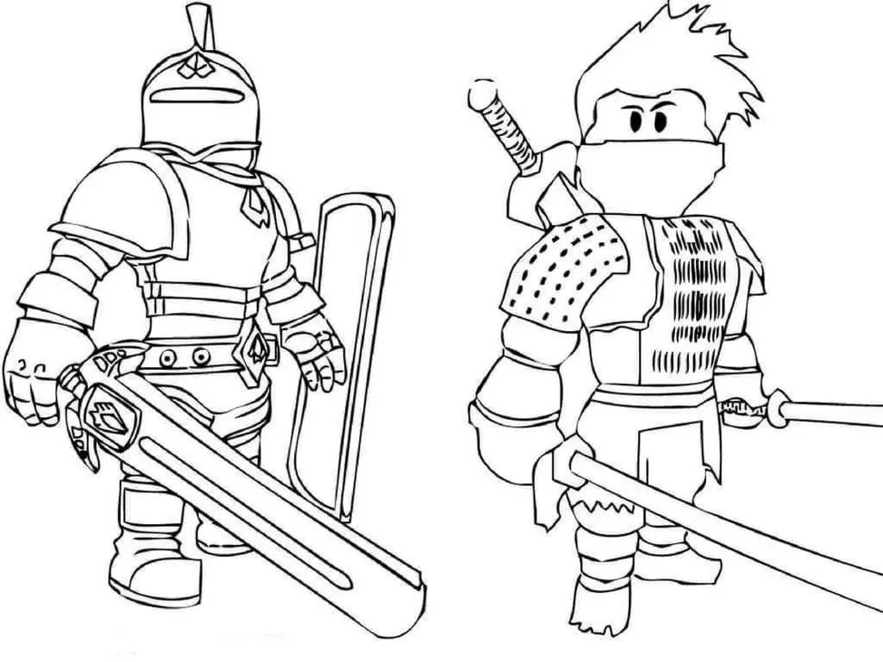 Avatares Roblox em pose de combate para colorir: Cavaleiro medieval e ninja duelando.