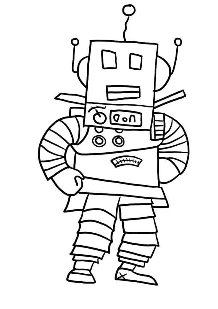 Robô do Roblox para colorir. Autômato com corpo retangular, antenas com bolinhas e visor com 'don'. Braços tubulares e pernas segmentadas.