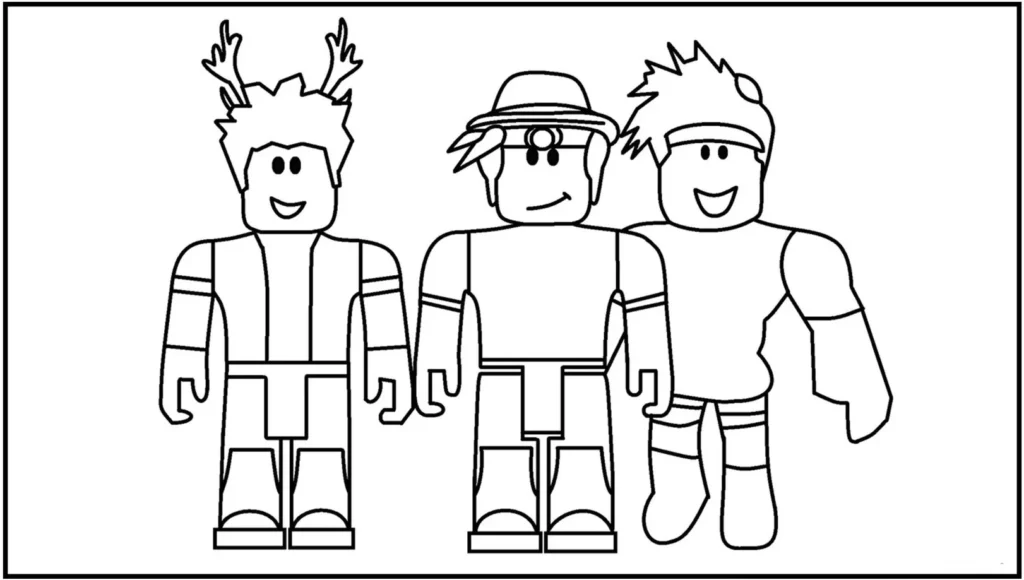 Desenho para colorir com três avatares Roblox sorrindo. Destaque para os acessórios e roupas distintas de cada figura.