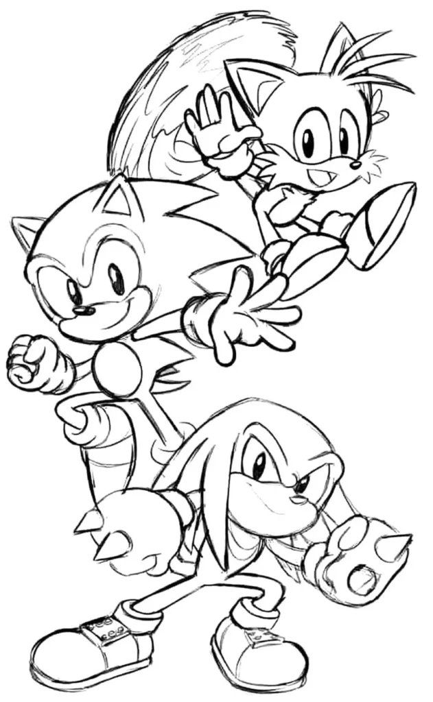 Sonic, Tails e Knuckles: Desenho para colorir da equipe em ação.