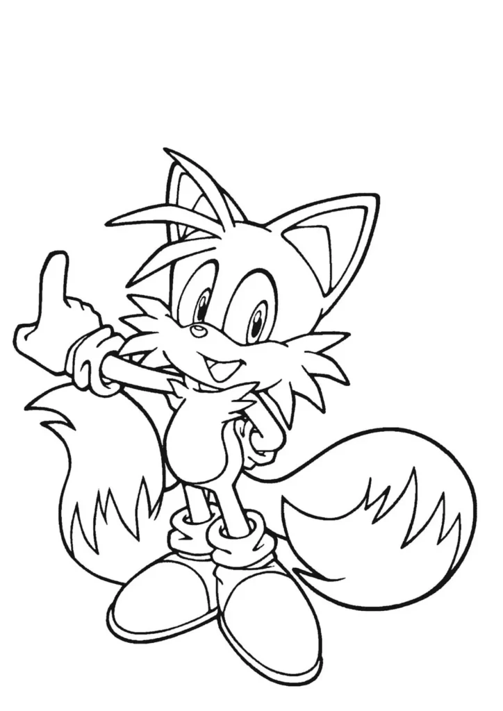 Tails sorrindo para colorir: Desenho do personagem Tails de Sonic the Hedgehog alegre e com polegar para cima.