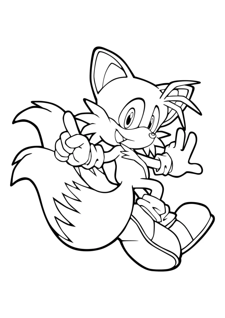 Tails, a raposinha do Sonic, para colorir. Desenho do personagem sorrindo e com as mãos em movimento, ideal para atividades criativas.