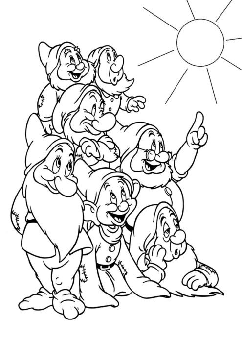 Sete Anões curiosos admirando o sol: desenho para colorir