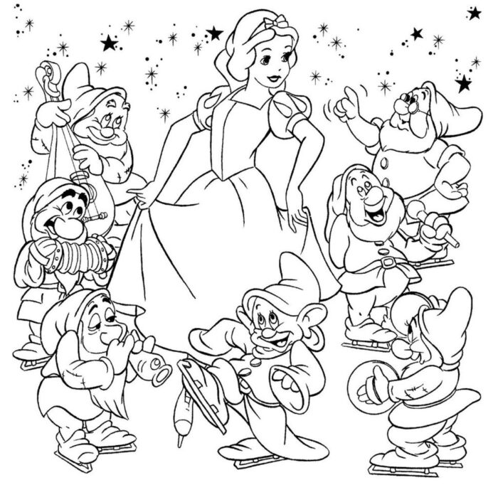 Branca de Neve e os Sete Anões: desenho para colorir com anões tocando instrumentos e patinando.