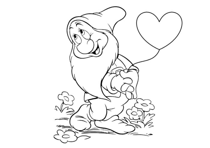 Dengoso dos Sete Anões para colorir: anão sorrindo com balão de coração entre flores