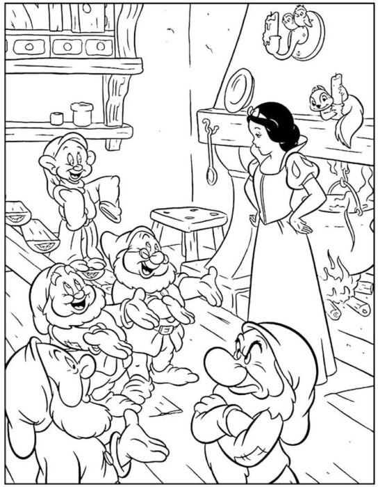 Branca de Neve e os Sete Anões em cena doméstica para colorir
