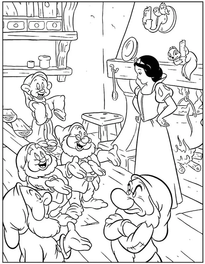 Branca de Neve e os Sete Anões em cena doméstica para colorir