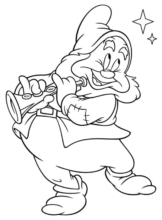Feliz, dos Sete Anões, para colorir: desenho com instrumento musical e estrelas