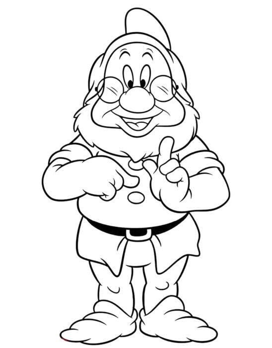 Desenho do Mestre dos Sete Anões para colorir. Arte gráfica com o anão usando óculos, gorro e túnica com cinto.