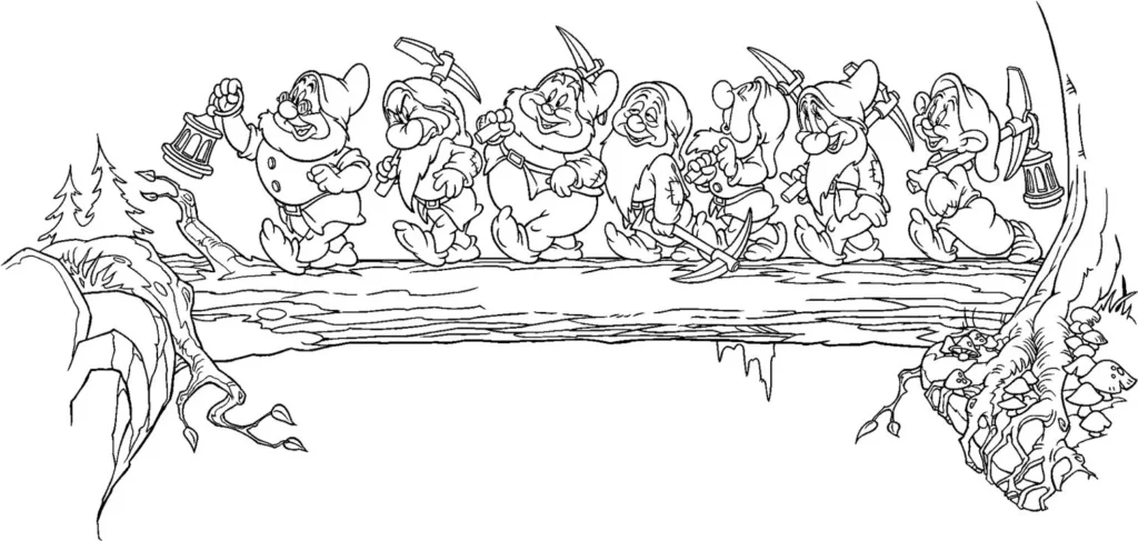 Sete Anões na floresta: desenho para colorir com os anões caminhando sobre um tronco de árvore.