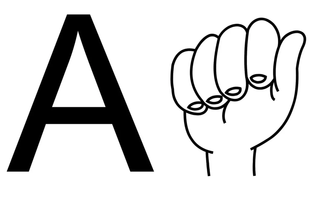 Sinal 'A' em Libras para impressão: mão configurada representando a letra.