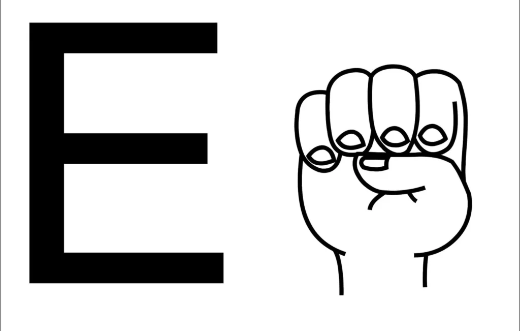 Letra E em Libras: sinal manual e representação da letra para impressão em PDF.