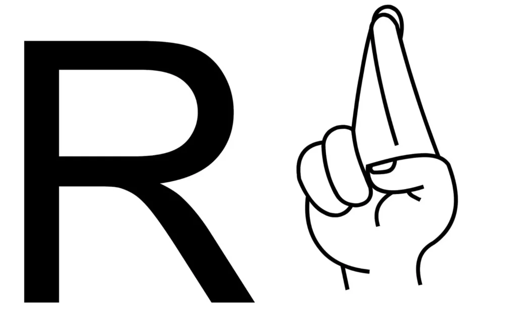 Letra R em Libras: sinal manual e letra correspondente.