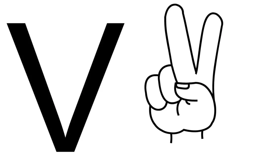 Letra V em Libras: Sinal manual e representação da letra para impressão em PDF.