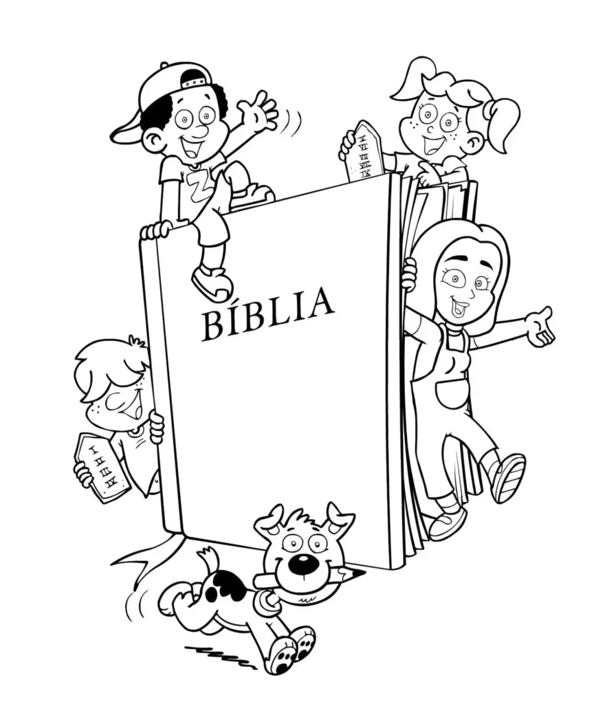 Desenhos da Bíblia para pintar Bíblia Infantil Crianças explorando a Bíblia em desenho animado colorido.