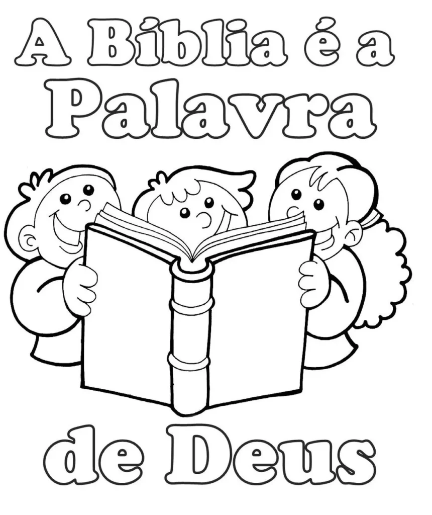 Desenhos da Bíblia para pintar Leitura da Palavra Desenho religioso para colorir: crianças lendo a Bíblia, a Palavra de Deus.