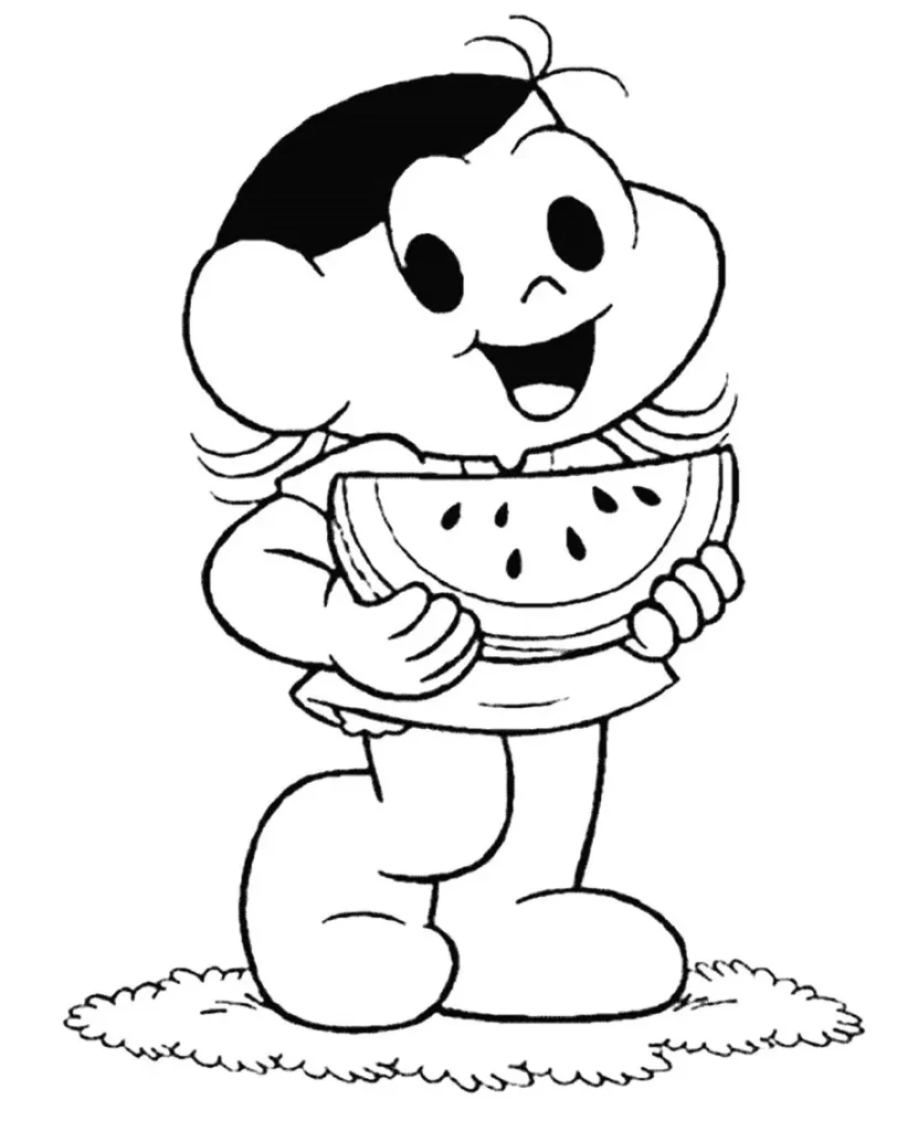 Magali sorrindo com fatia de melancia: desenho para colorir