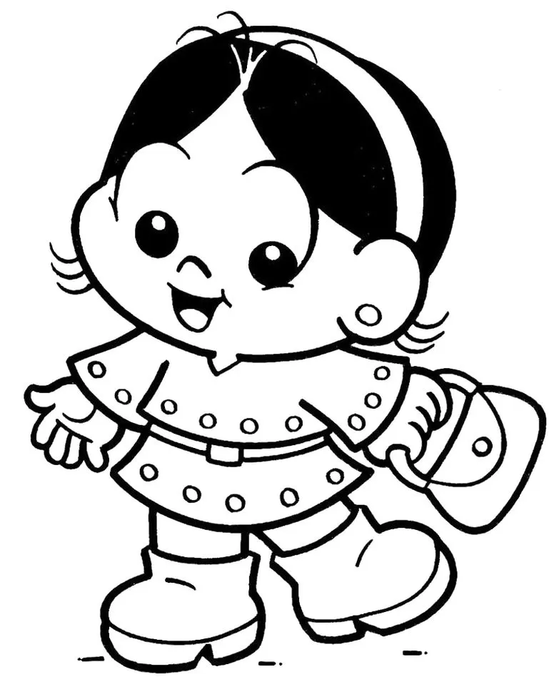 Magali Arrumadinha para colorir: desenho da personagem com casaco, cinto, botas e bolsa, exibindo seu sorriso característico.