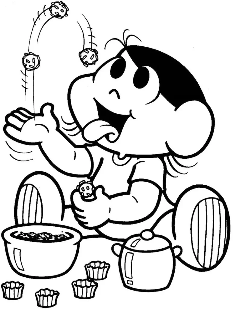 Magali Comilona em cena divertida com bolinhos, pronta para colorir. Desenho alegre com comida.