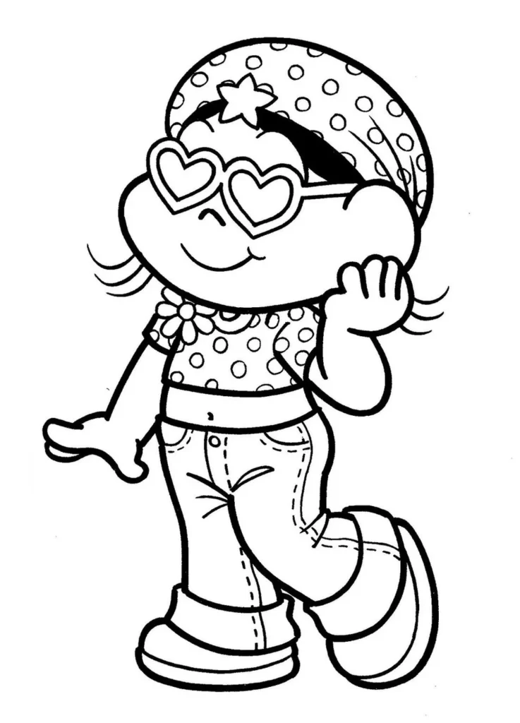 Magali Fashion para colorir: menina com boné de bolinhas e óculos de coração em pose divertida.