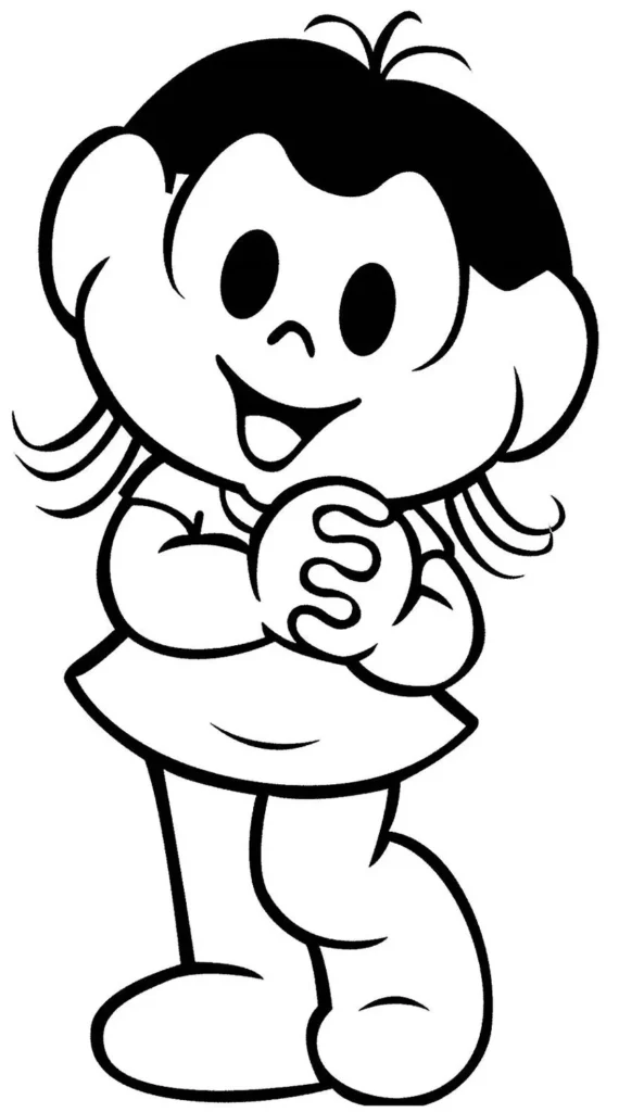 Magali sorrindo para colorir: desenho expressivo da personagem segurando um objeto redondo.