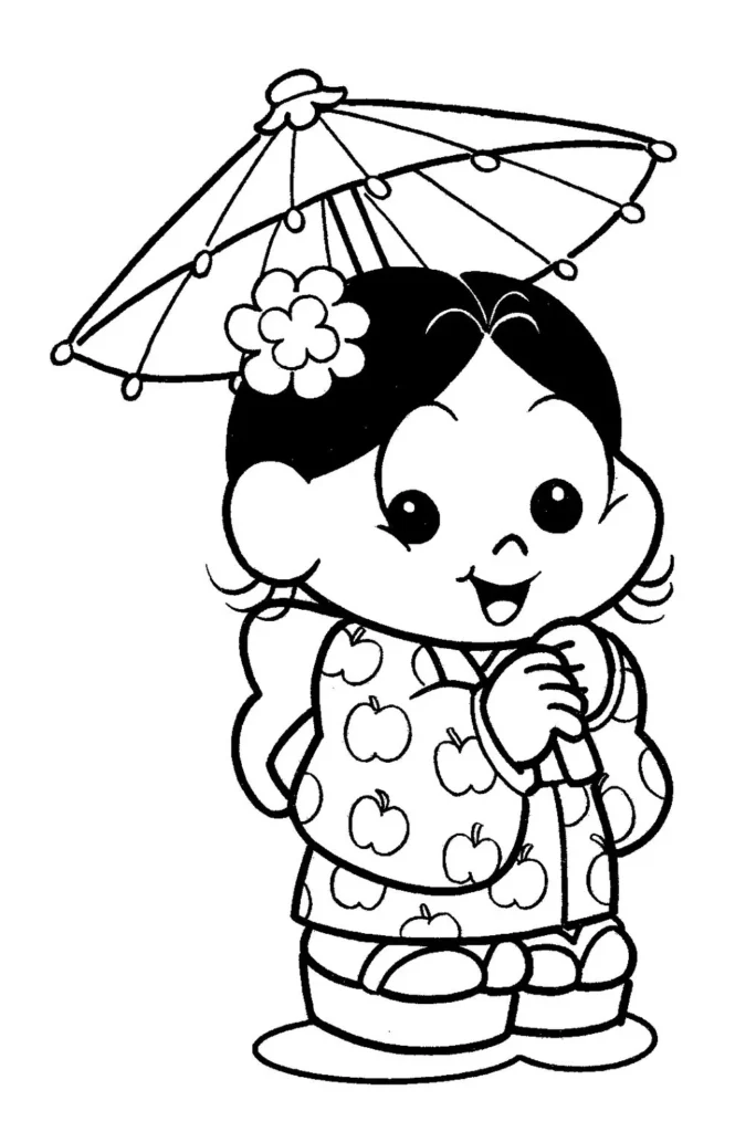 Magali com quimono e guarda-chuva oriental para colorir.