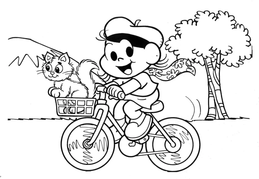 Magali da Turma da Mônica pedalando bicicleta com gatinho na cestinha para colorir.