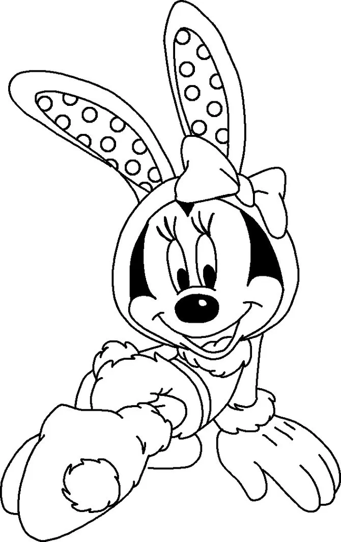 Minnie fantasiada de coelhinha para colorir: Desenho divertido com gorro de orelhas e roupa fofa.