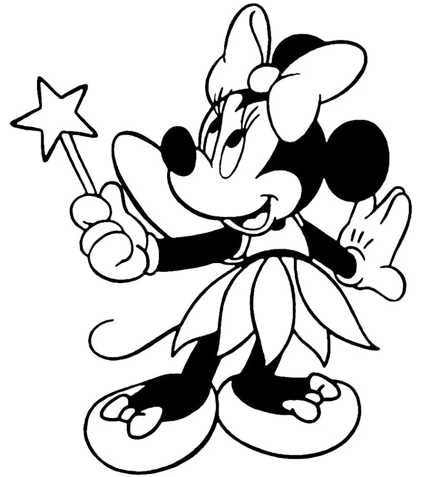 Minnie Mouse Fada para colorir: desenho encantador com varinha mágica e vestido de pétalas.