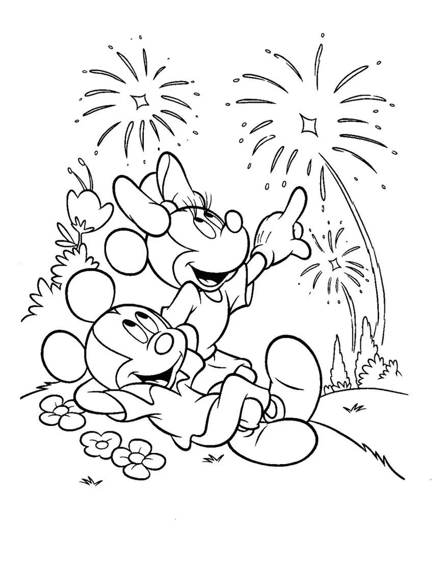 Minnie e Mickey admirando fogos de artifício: desenho para colorir