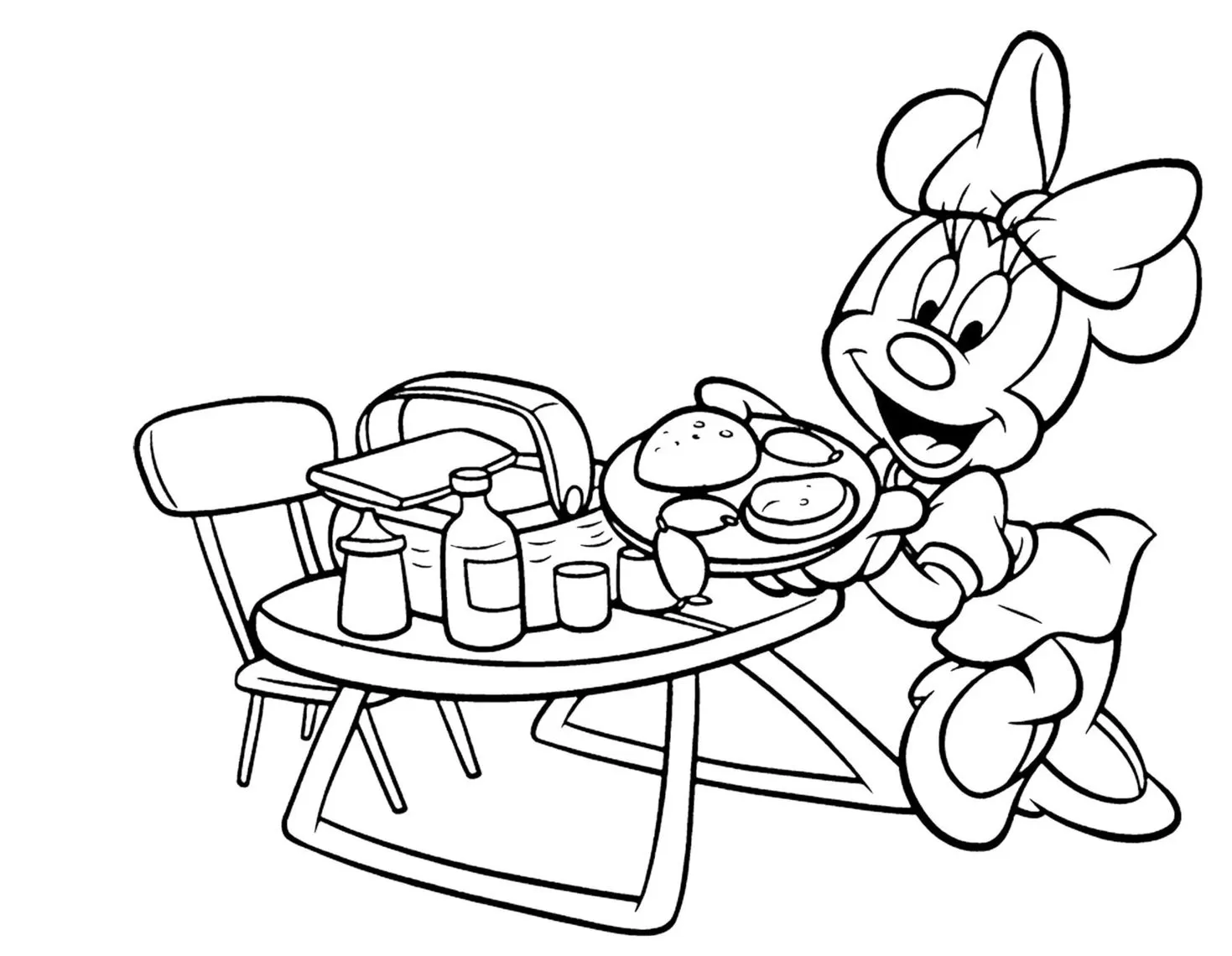 Minnie Mouse lanchando: desenho para colorir com a personagem servindo comida.