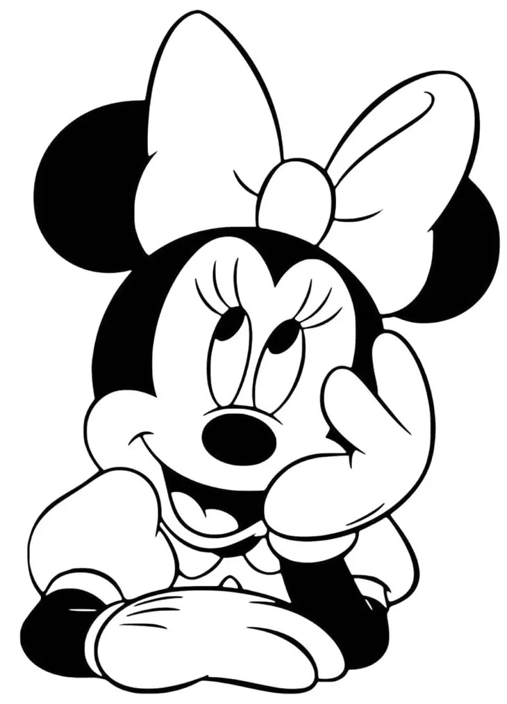 Minnie Mouse pensativa para colorir. Desenho da Minnie com laço e expressão contemplativa.